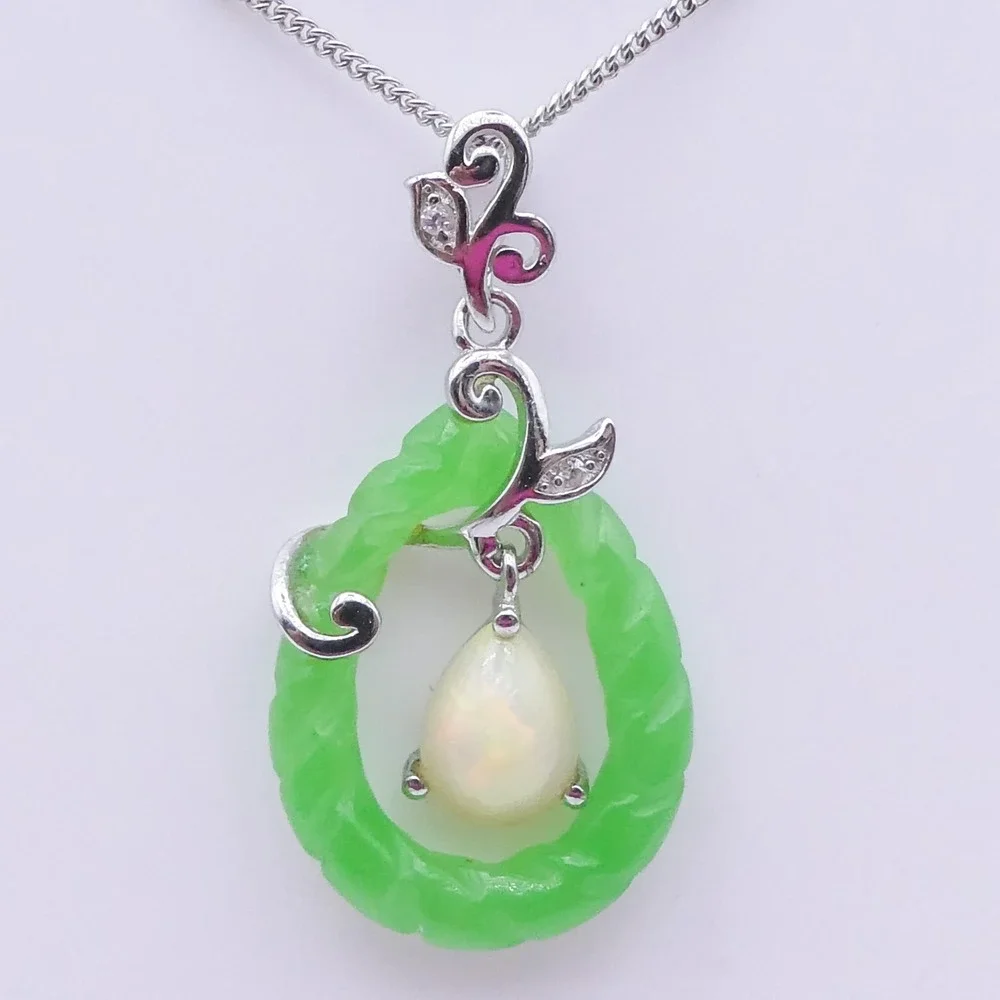 Djoy Sterling Silver Opal Carved Jade Platinum Plated Leaf Pendant Necklace 20in